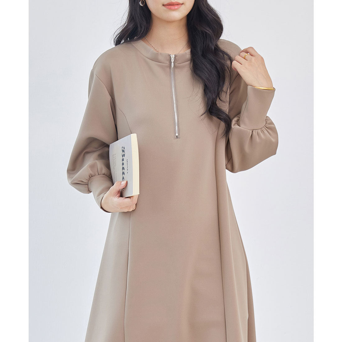 レースレディース Lace Ladies 2WAY ハーフジップ 長袖 マキシ ワンピース （グレージュ） グレージュ