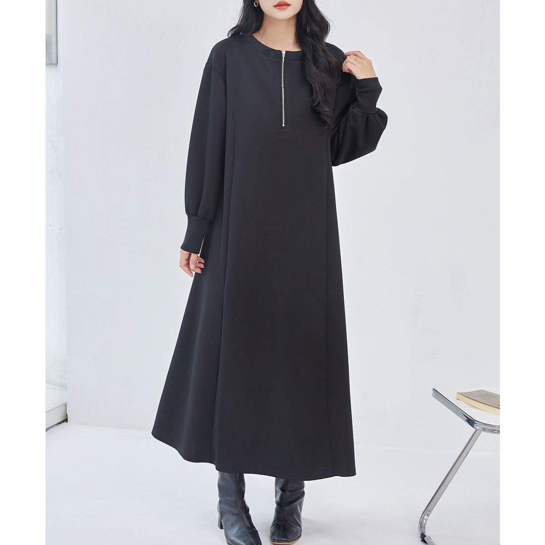 レースレディース Lace Ladies 2WAY ハーフジップ 長袖 マキシ ワンピース （ブラック） ブラック