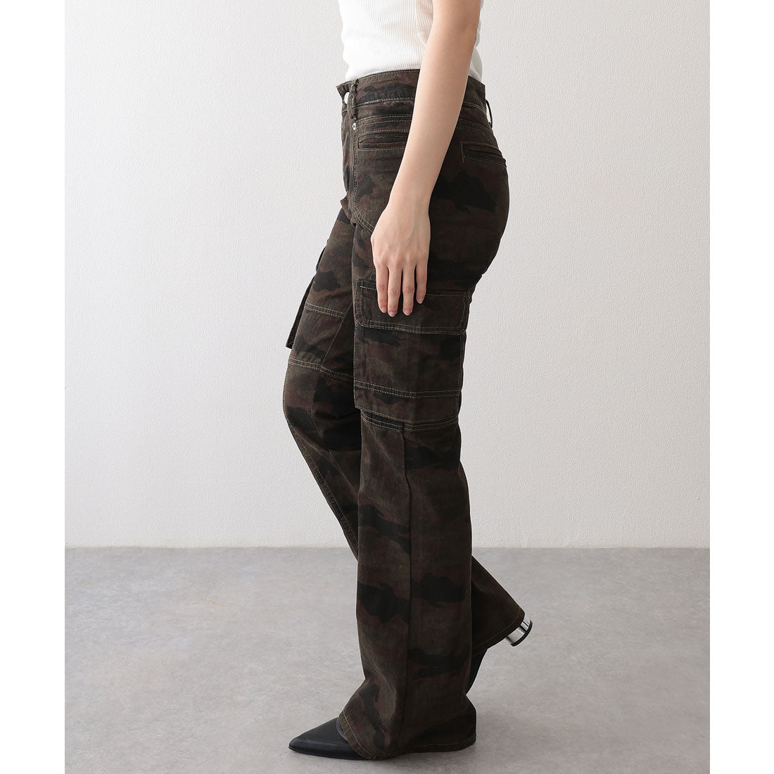 レースレディース Lace Ladies 迷彩 ウォッシュ加工 切り替え フレア カーゴパンツ （グリーン） グリーン