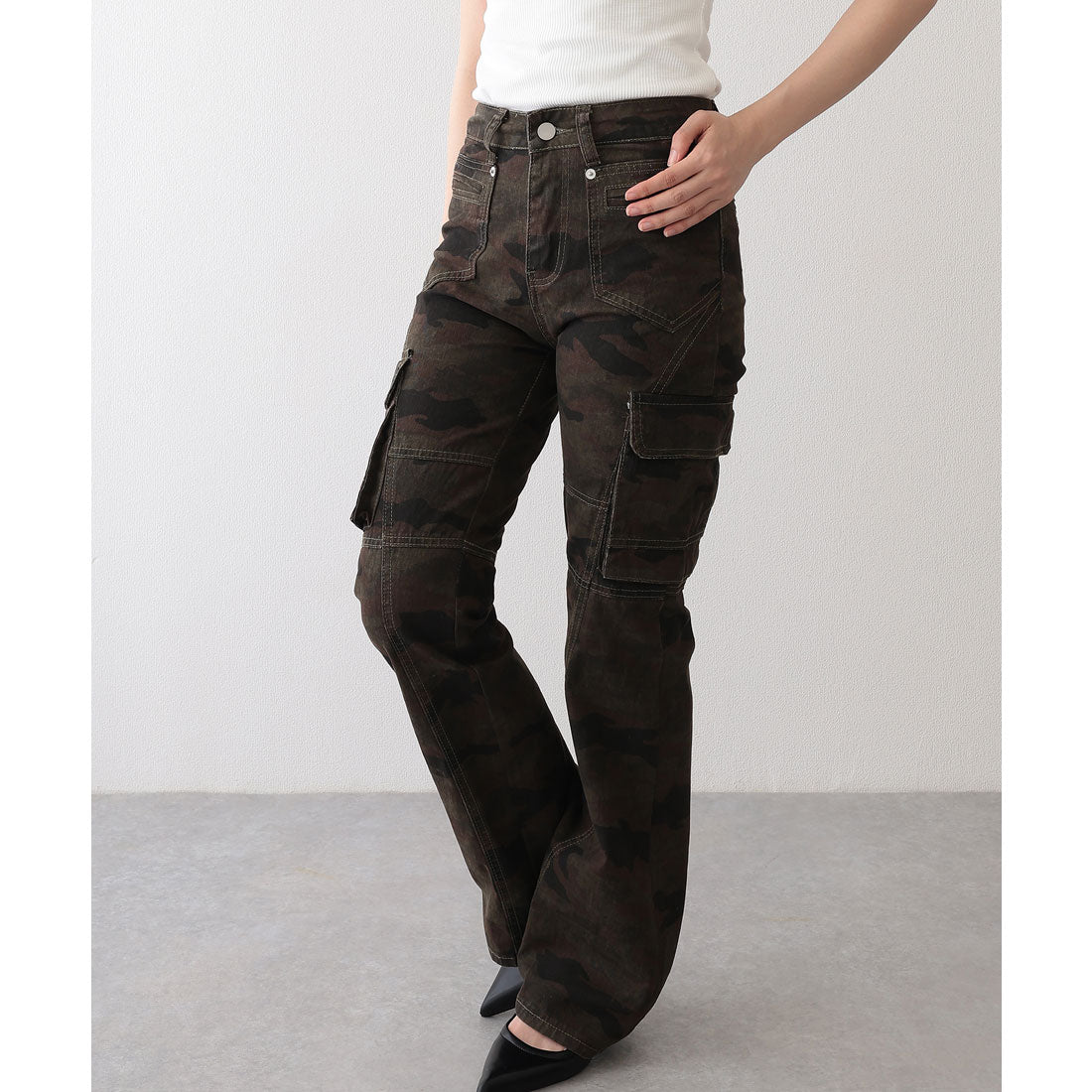 レースレディース Lace Ladies 迷彩 ウォッシュ加工 切り替え フレア カーゴパンツ （グリーン） グリーン