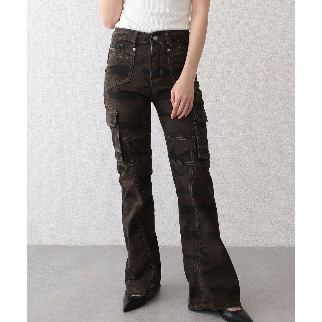 レースレディース Lace Ladies 迷彩 ウォッシュ加工 切り替え フレア カーゴパンツ （グリーン） グリーン