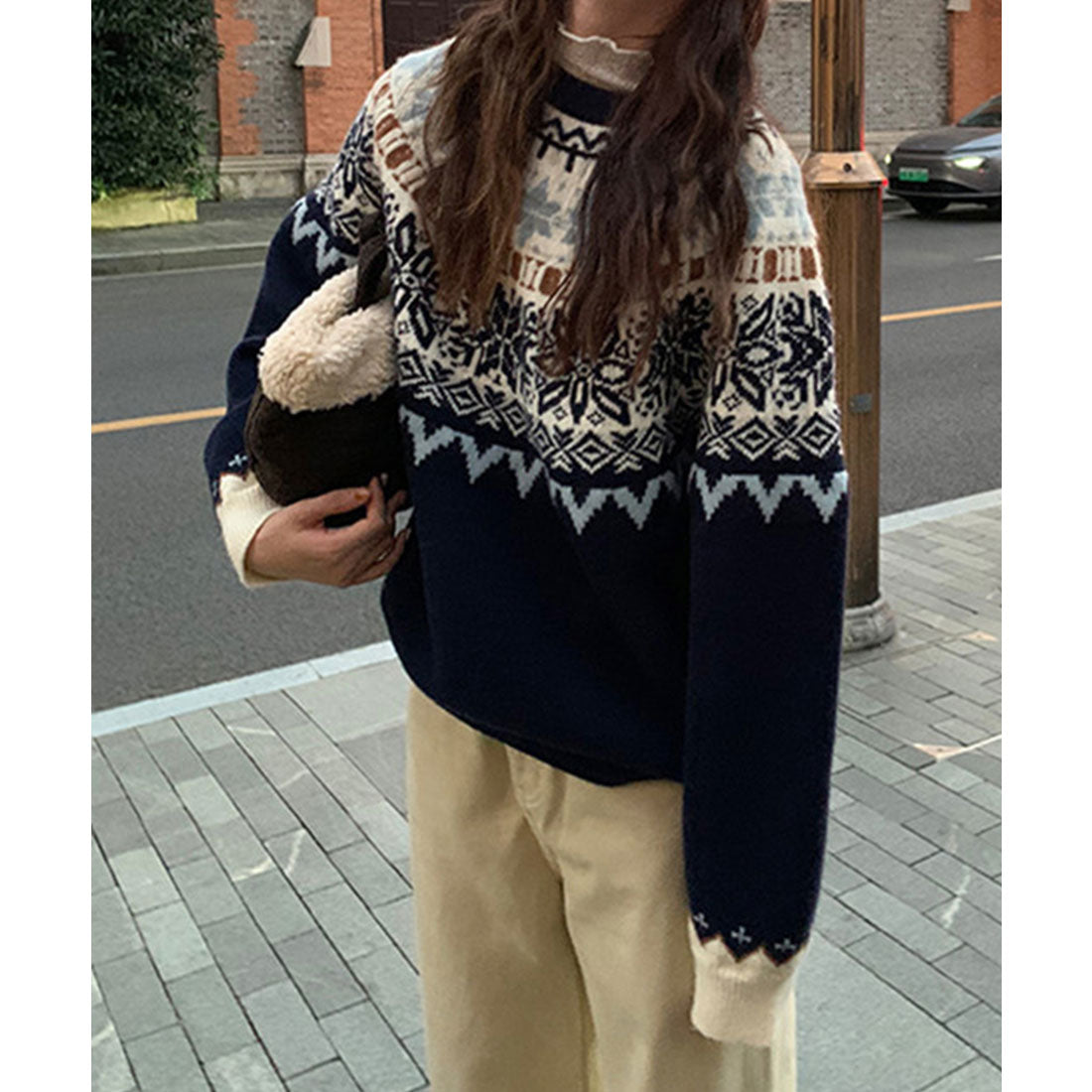 レースレディース Lace Ladies クルーネック ノルディック柄 長袖 ニット プルオーバー （ネイビー） ネイビー