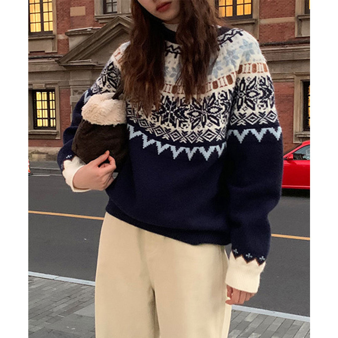 レースレディース Lace Ladies クルーネック ノルディック柄 長袖 ニット プルオーバー （ネイビー） ネイビー