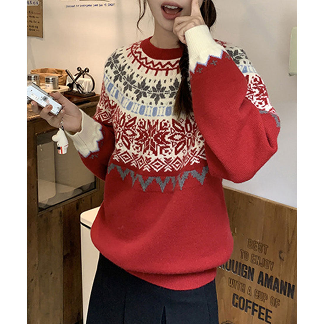 レースレディース Lace Ladies クルーネック ノルディック柄 長袖 ニット プルオーバー （レッド） レッド