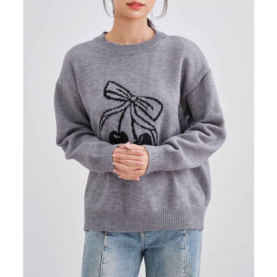 レースレディース Lace Ladies チェリー柄 配色 クルーネック ニット プルオーバー （グレー） グレー