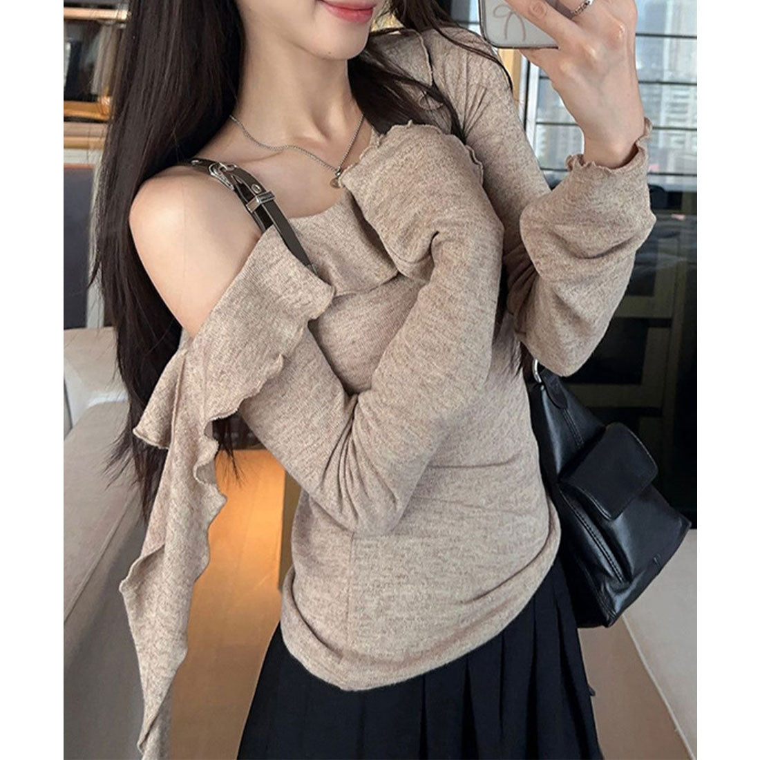 レースレディース Lace Ladies フリル ネック ワンショルダー 長袖 カットソー （モカ） モカ