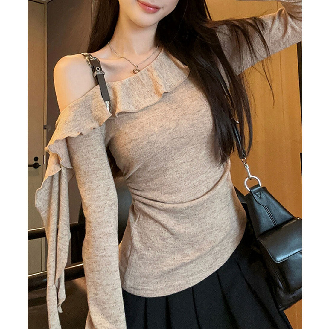 レースレディース Lace Ladies フリル ネック ワンショルダー 長袖 カットソー （モカ） モカ