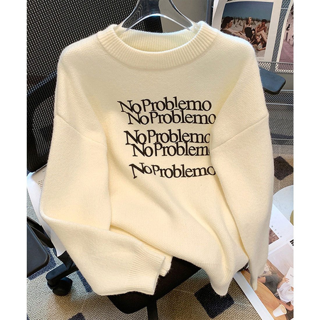 レースレディース Lace Ladies 配色 ロゴ オーバーサイズ ニット プルオーバー （アイボリー） アイボリー