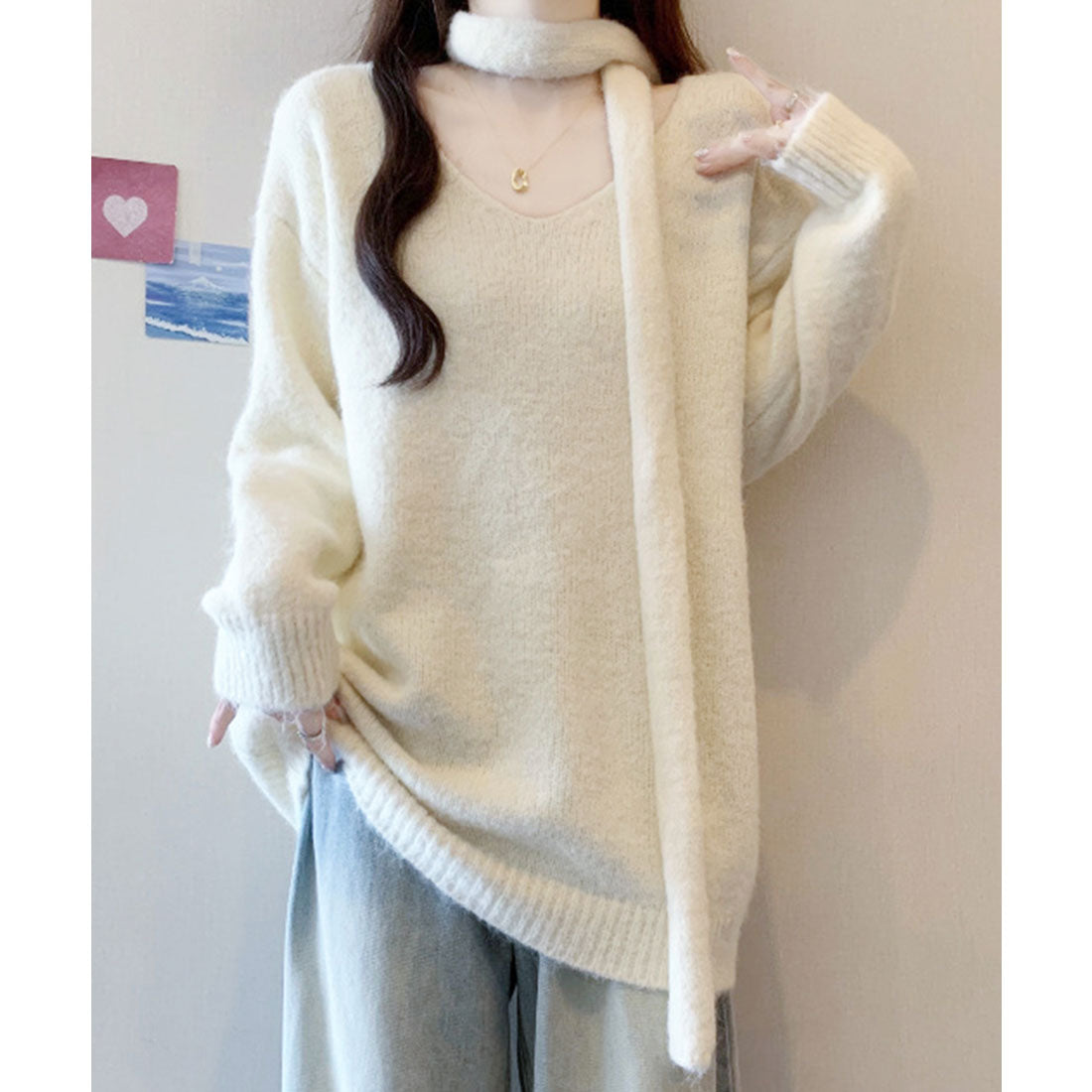 レースレディース Lace Ladies ストール付き ソリッドカラー Vネック ニット プルオーバー （アイボリー） アイボリー