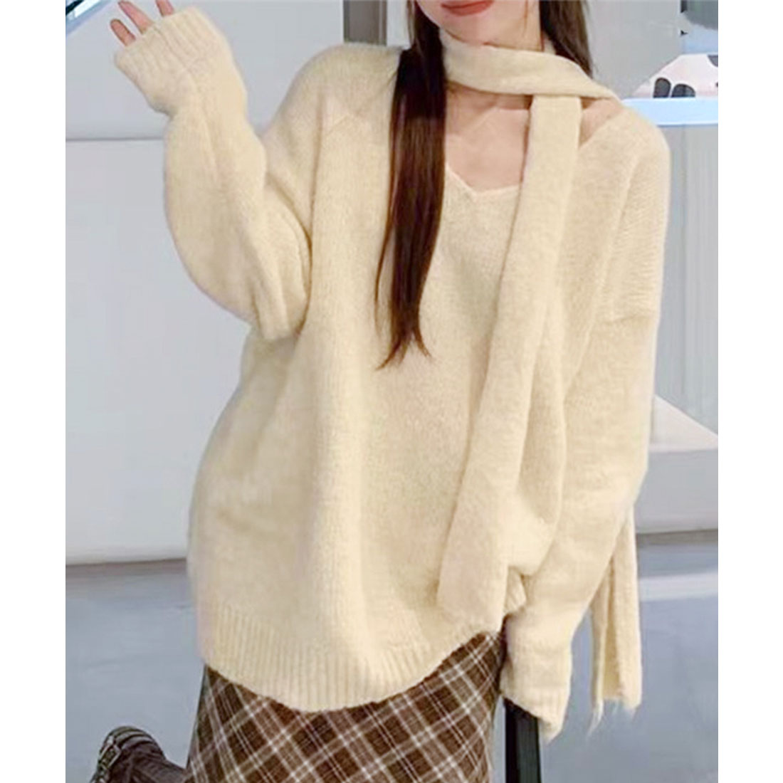 レースレディース Lace Ladies ストール付き ソリッドカラー Vネック ニット プルオーバー （アイボリー） アイボリー