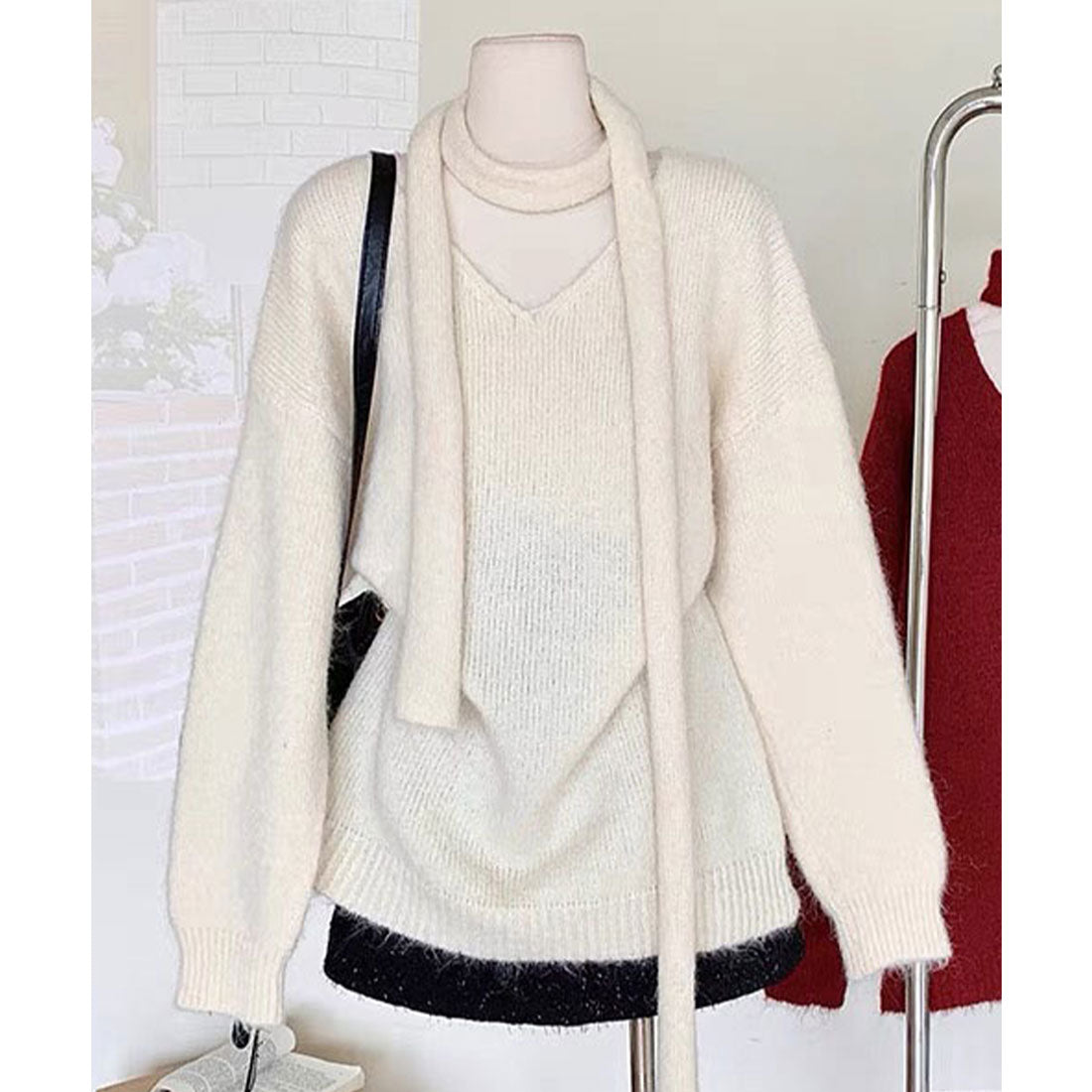 レースレディース Lace Ladies ストール付き ソリッドカラー Vネック ニット プルオーバー （アイボリー） アイボリー