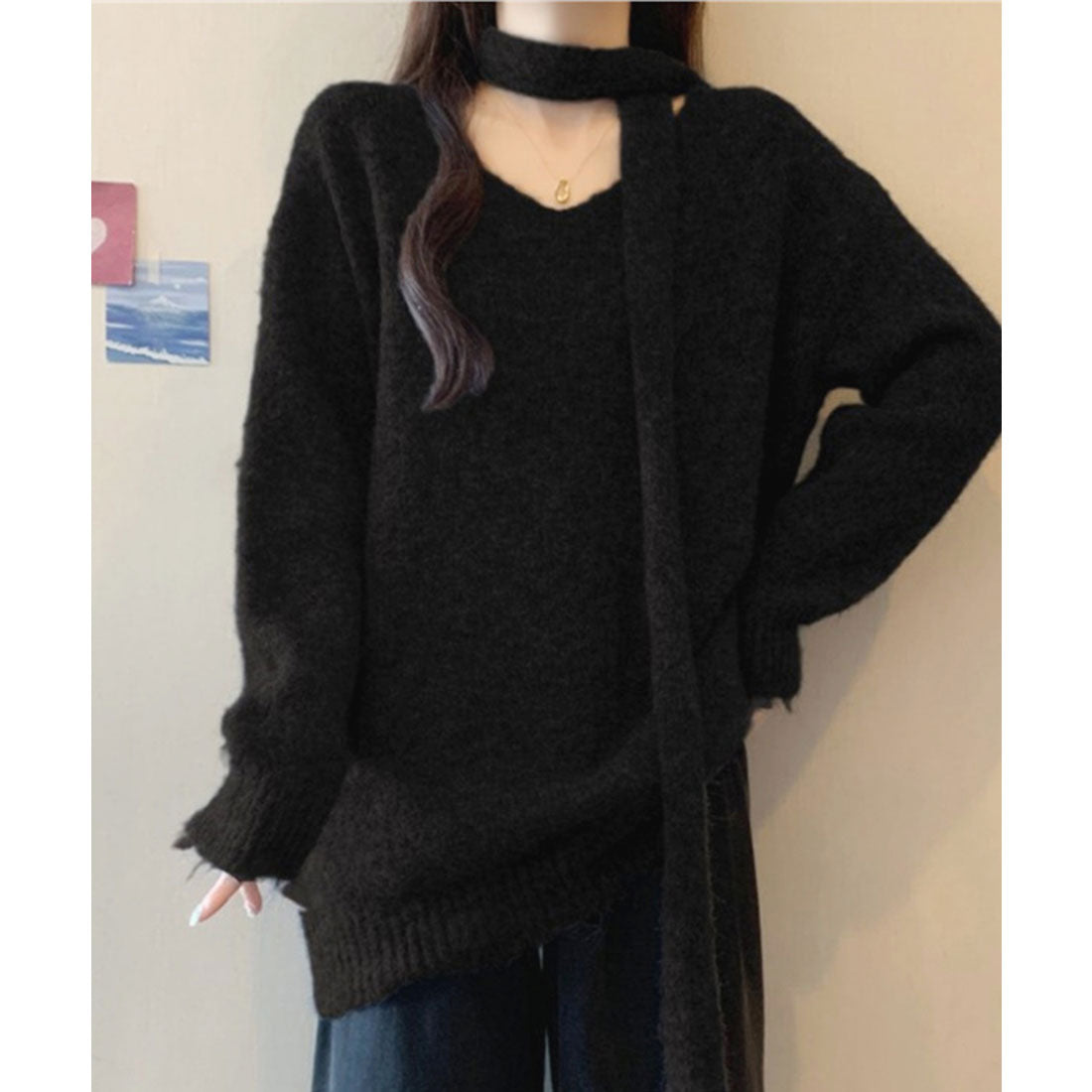 レースレディース Lace Ladies ストール付き ソリッドカラー Vネック ニット プルオーバー （ブラック） ブラック