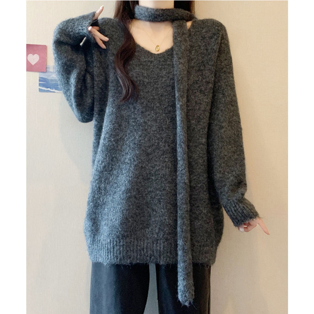 レースレディース Lace Ladies ストール付き ソリッドカラー Vネック ニット プルオーバー （グレー） グレー