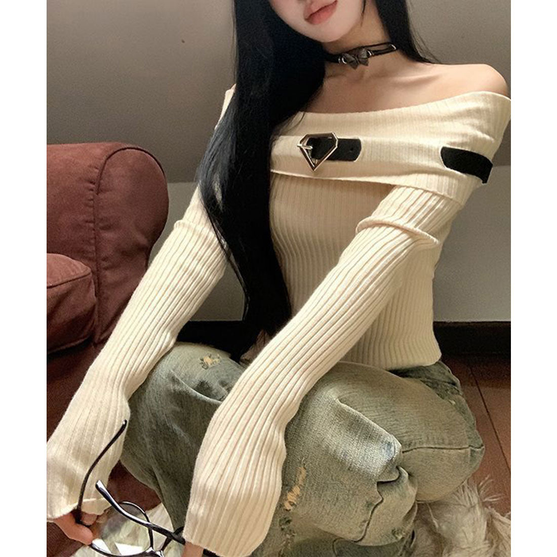 レースレディース Lace Ladies ベルト デザイン オフショル リブニット トップス （アイボリー） アイボリー