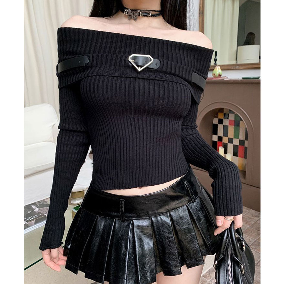 レースレディース Lace Ladies ベルト デザイン オフショル リブニット トップス （ブラック） ブラック