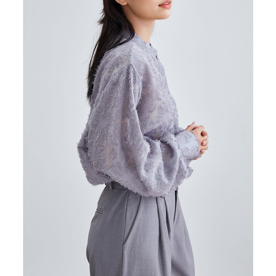 レースレディース Lace Ladies 花柄 フリンジ ジャガード 長袖 ブラウス （グレー） グレー