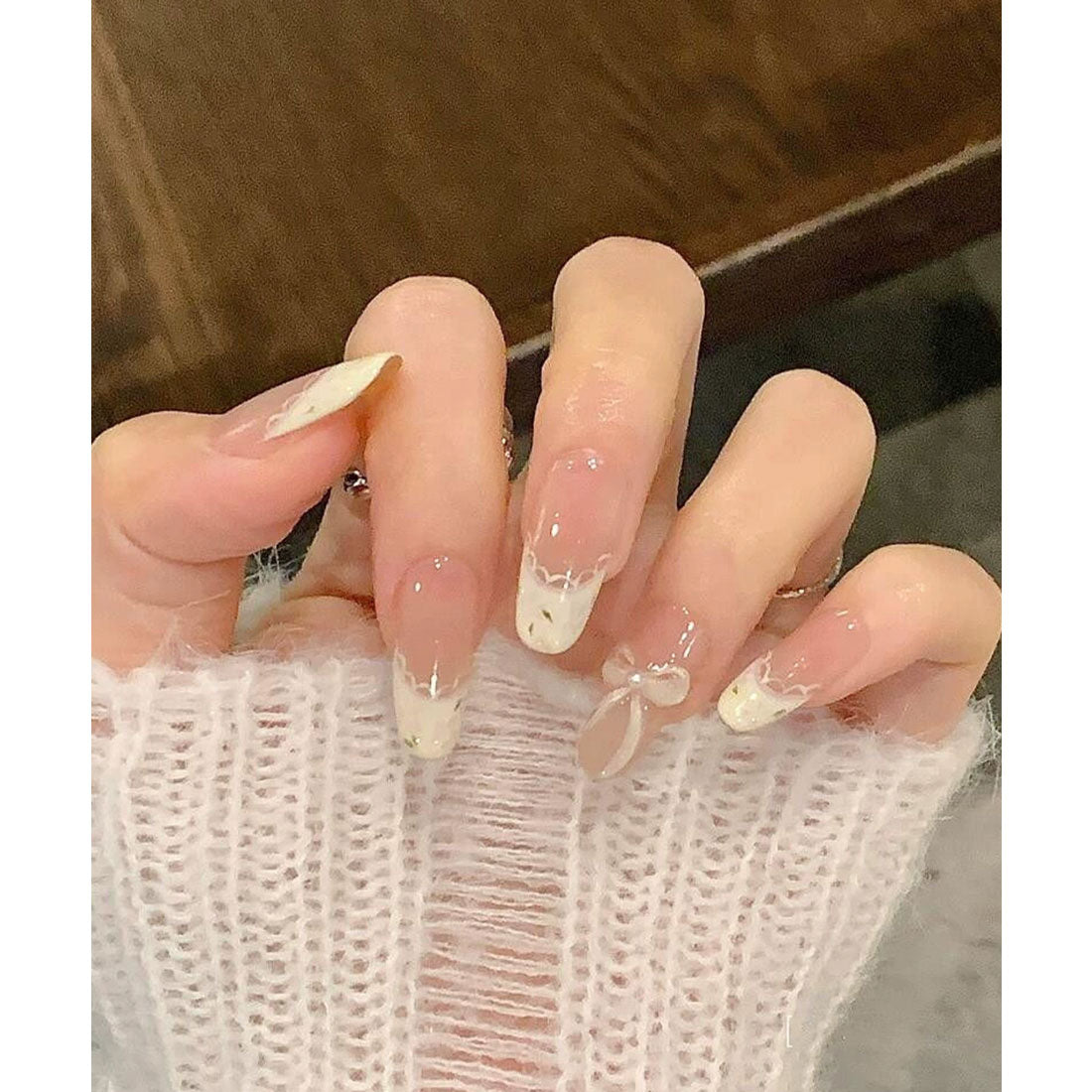 レースレディース Lace Ladies パール付き リボン アート フレンチ ネイルチップ【返品不可商品】 （A） A