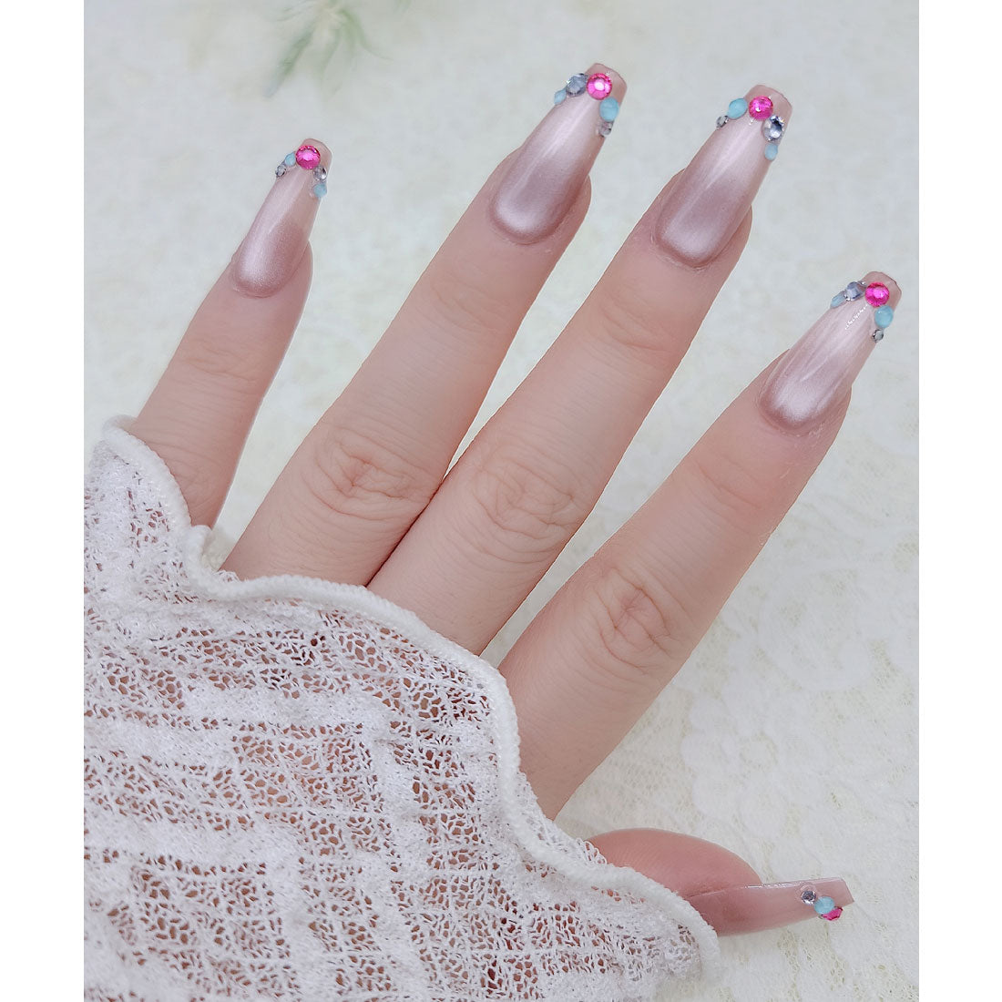 レースレディース Lace Ladies カラフル ビジュー ライン ミラー風 ネイルチップ【返品不可商品】 （ピンク） ピンク