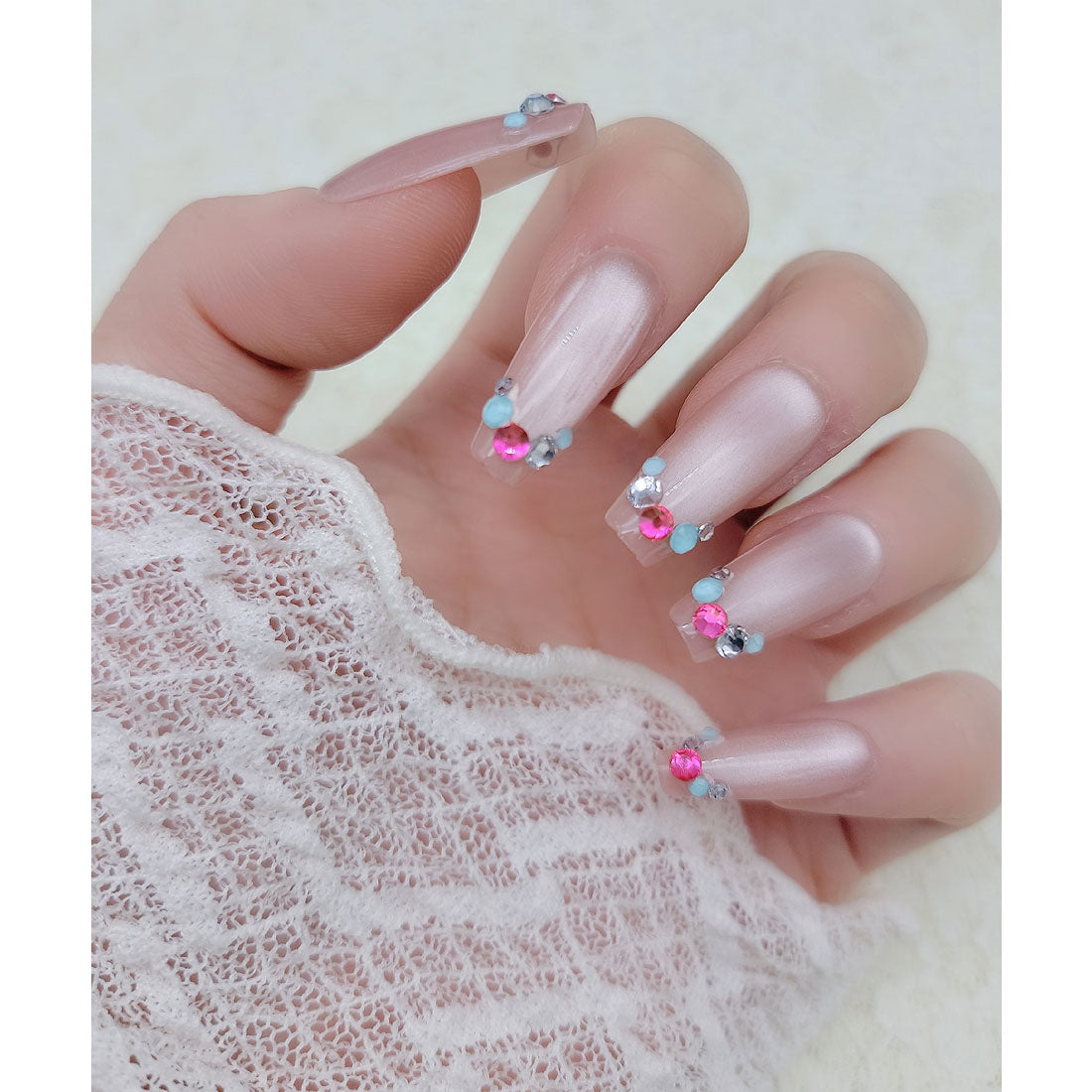 レースレディース Lace Ladies カラフル ビジュー ライン ミラー風 ネイルチップ【返品不可商品】 （ピンク） ピンク