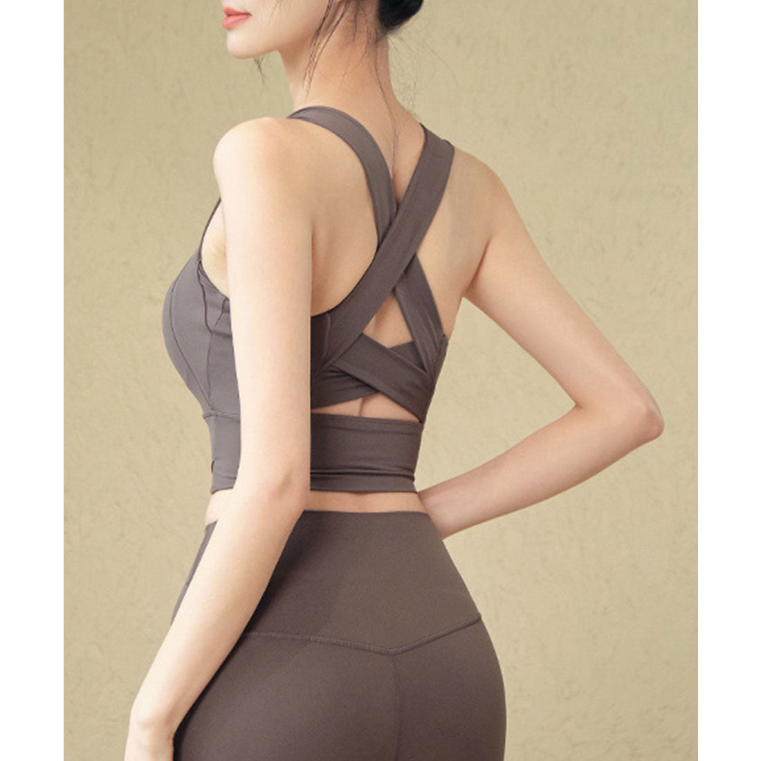 レースレディース Lace Ladies ソリッドカラーワイド ショルダー バッククロス ハーフトップ （ブラウン） ブラウン