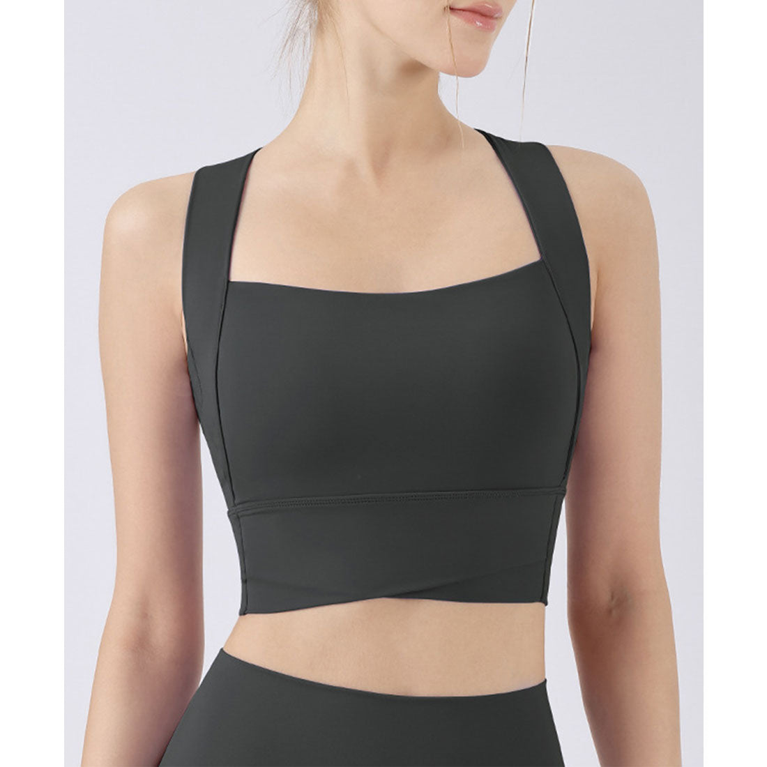 レースレディース Lace Ladies ソリッドカラーワイド ショルダー バッククロス ハーフトップ （ブラック） ブラック
