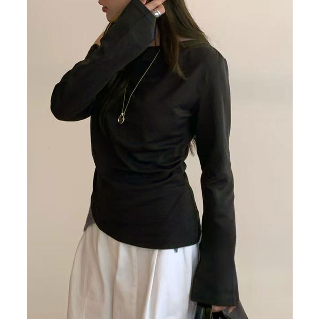 レースレディース Lace Ladies サイドギャザー ワンショルダー 長袖 カット トップス （ブラック） ブラック