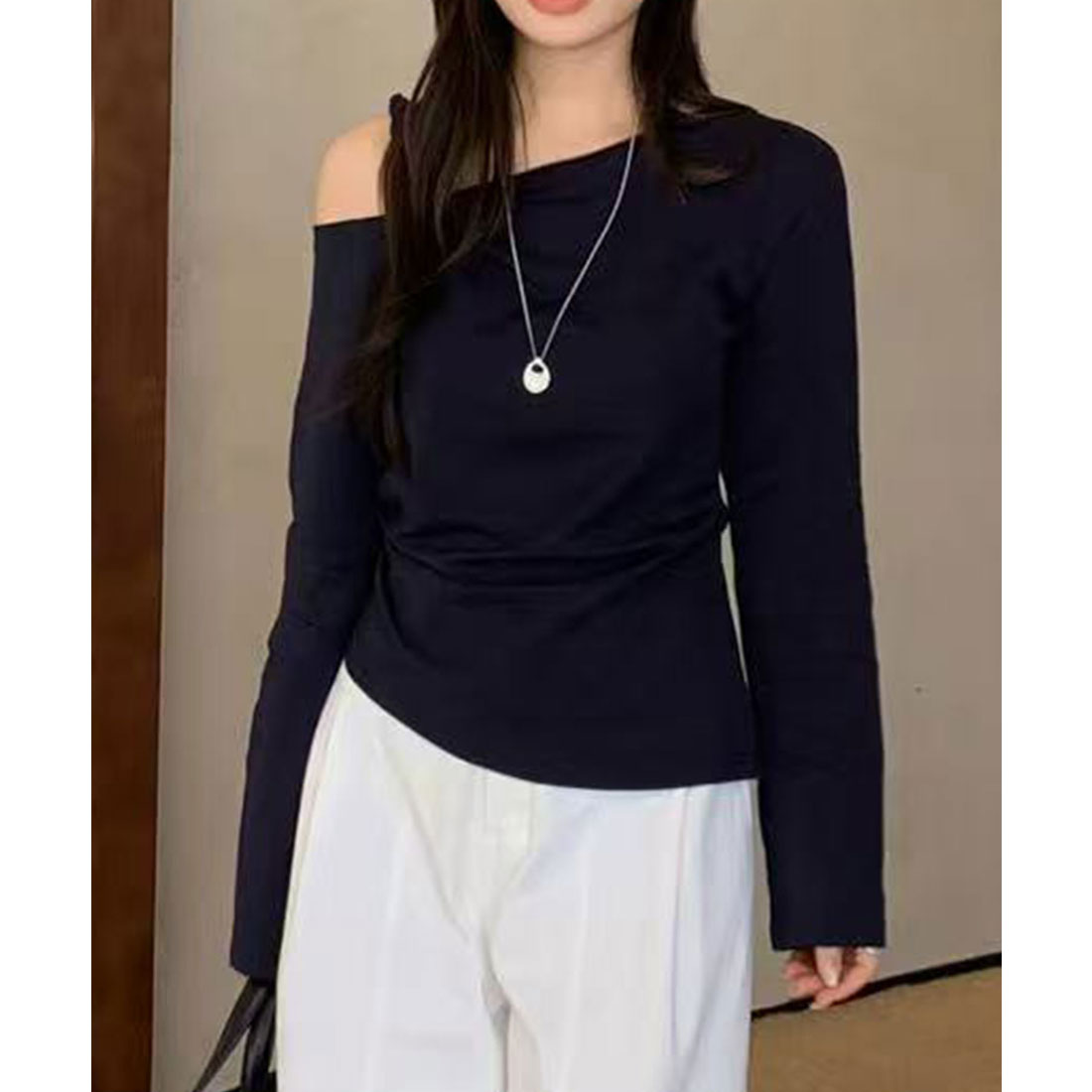 レースレディース Lace Ladies サイドギャザー ワンショルダー 長袖 カット トップス （ネイビー） ネイビー