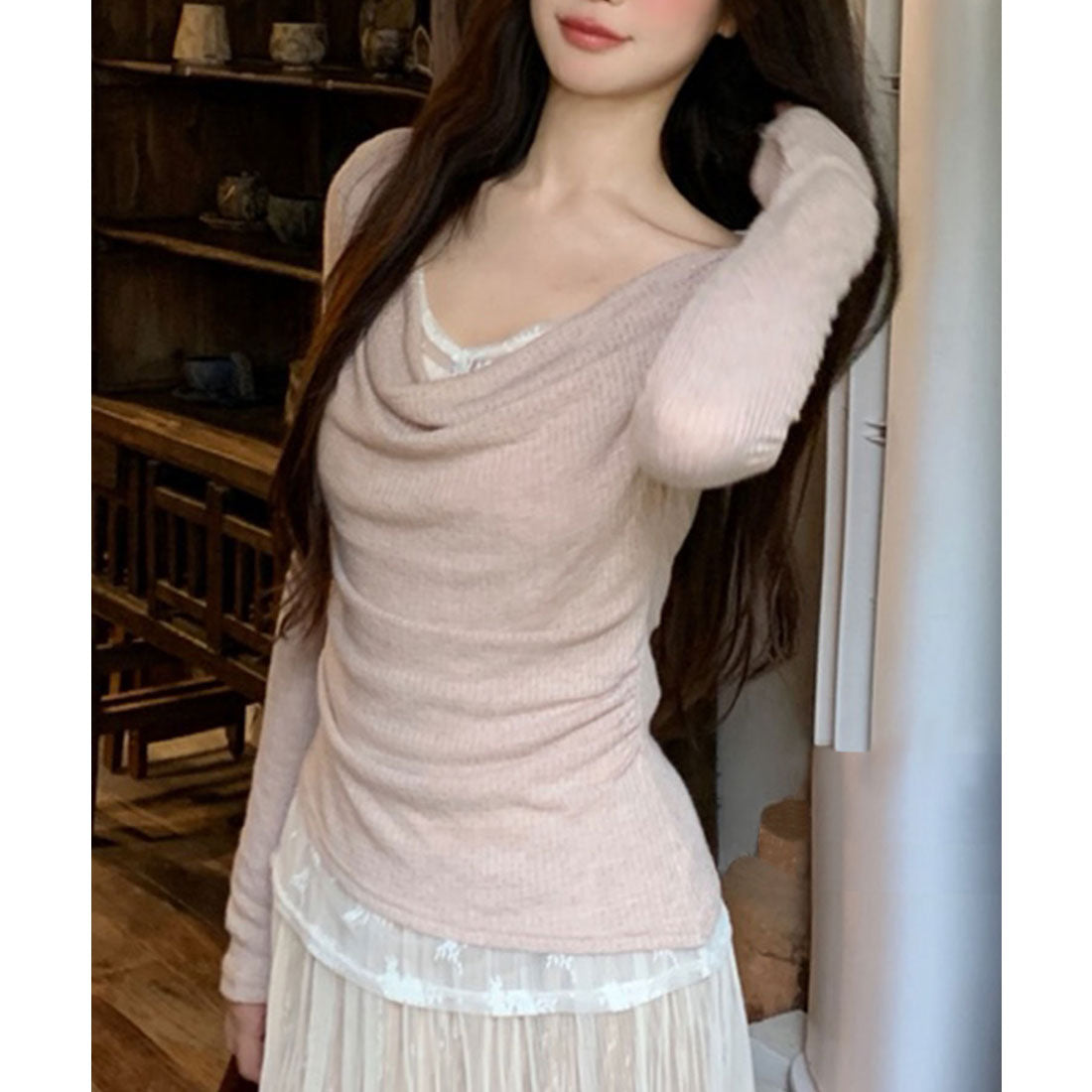 レースレディース Lace Ladies ドレープネック レース ドッキング ニット プルオーバー （ピンク） ピンク