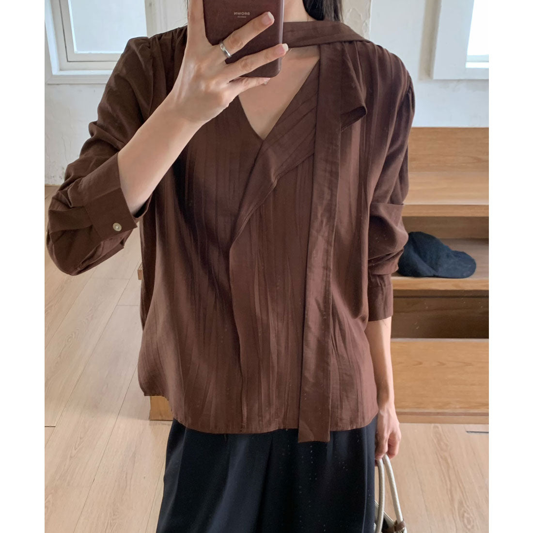 レースレディース Lace Ladies ワッシャー加工 ボウタイ チョーカーリボン 長袖 ブラウス （ブラウン） ブラウン