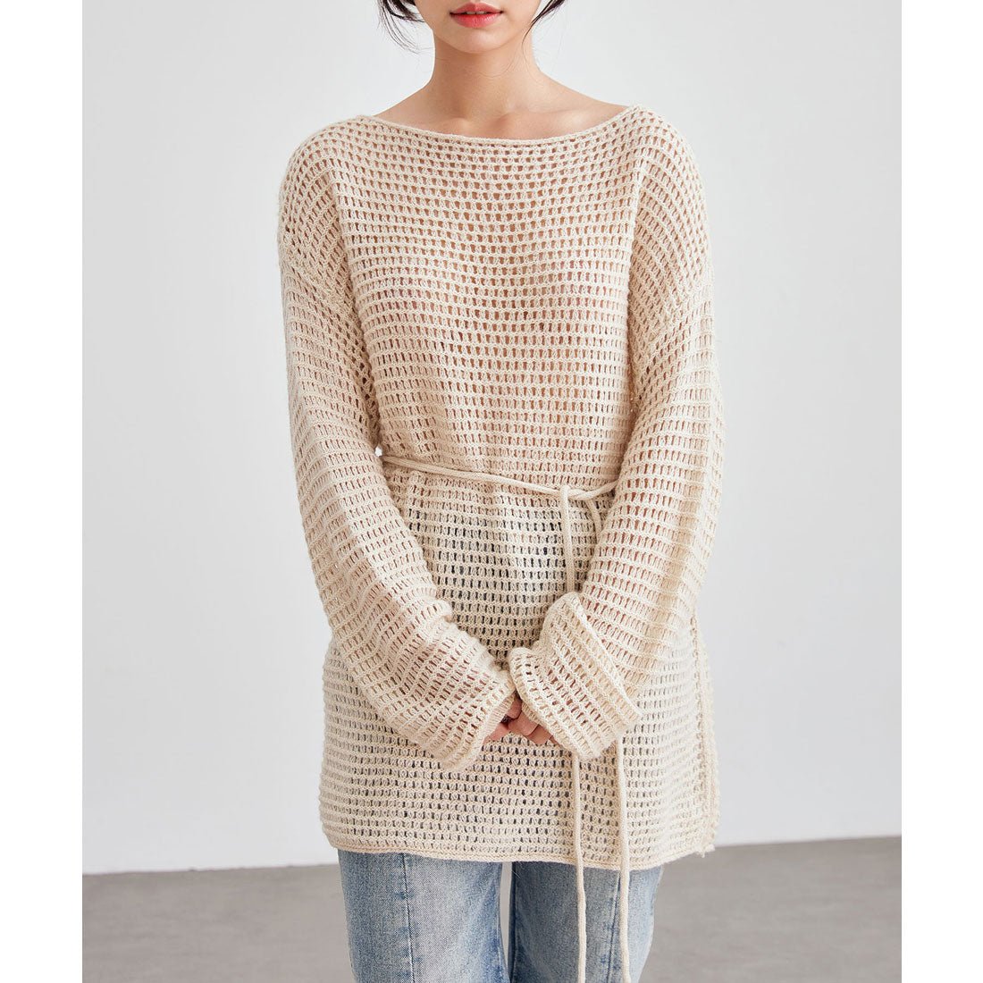 レースレディース Lace Ladies メッシュ編み ウエストリボン 長袖 ニット プルオーバー （グレージュ） グレージュ