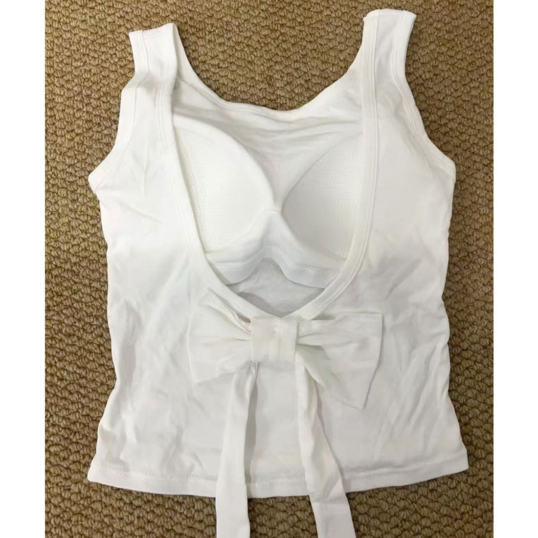 レースレディース Lace Ladies Vバック リボン付き カップ付き ノースリーブ タンクトップ （ホワイト） ホワイト