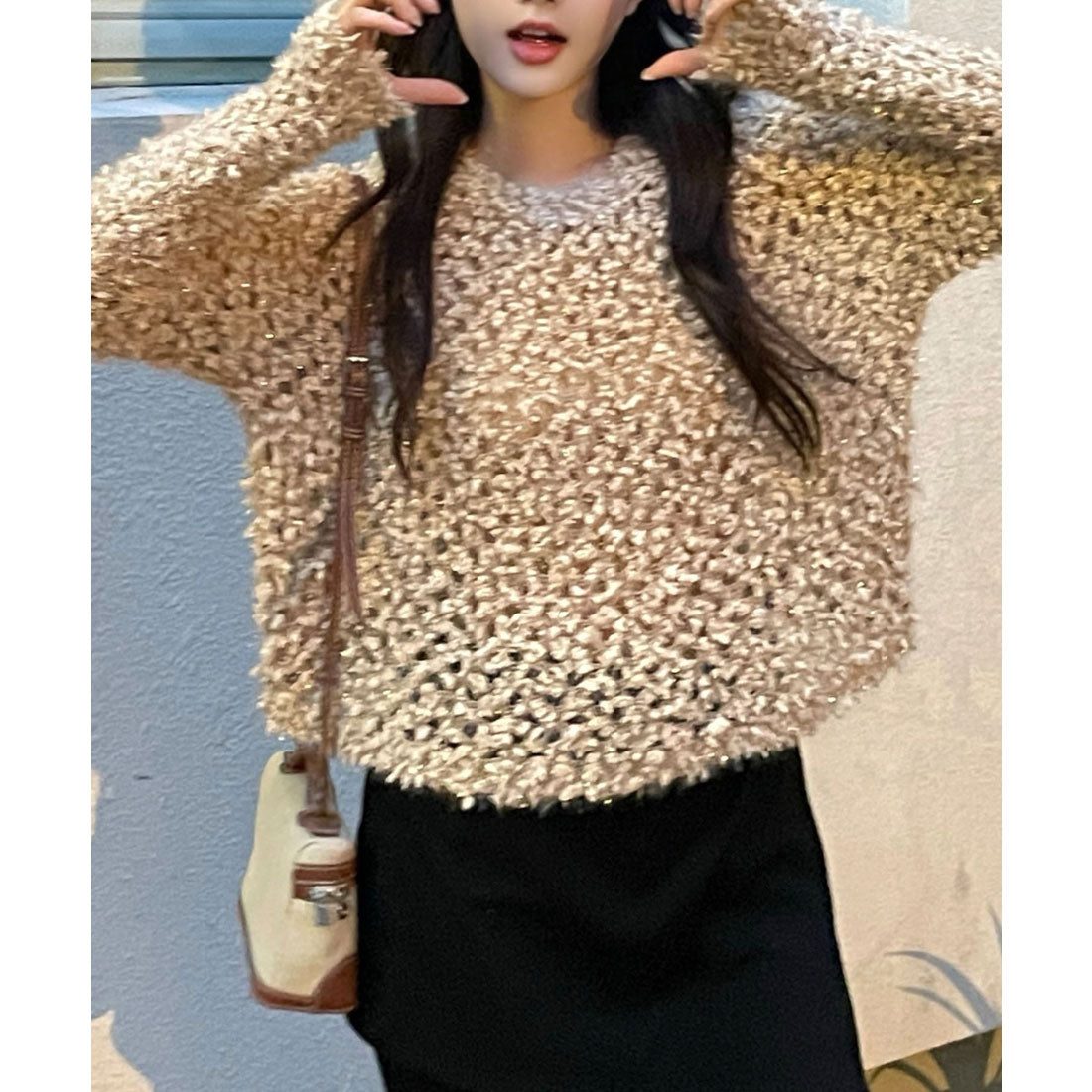 レースレディース Lace Ladies モチーフ編み クルーネック 長袖 ニット プルオーバー （グレージュ） グレージュ