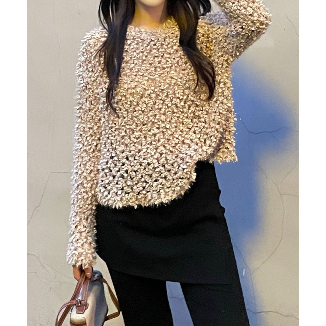 レースレディース Lace Ladies モチーフ編み クルーネック 長袖 ニット プルオーバー （グレージュ） グレージュ