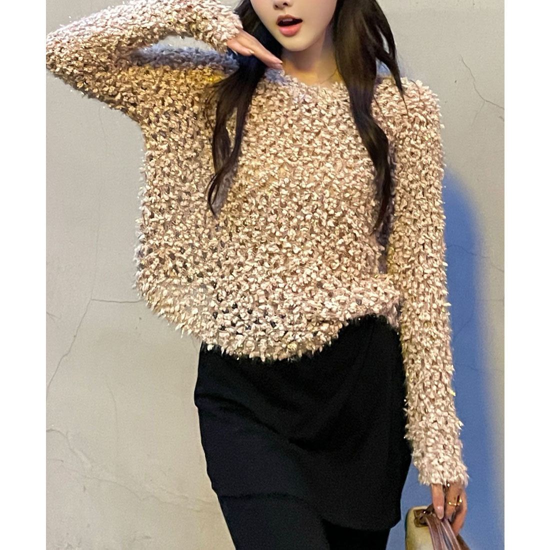 レースレディース Lace Ladies モチーフ編み クルーネック 長袖 ニット プルオーバー （グレージュ） グレージュ