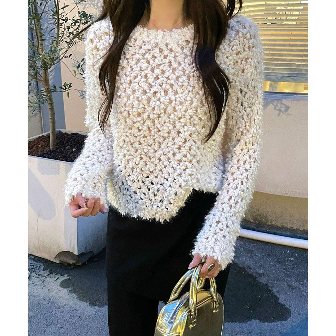 レースレディース Lace Ladies モチーフ編み クルーネック 長袖 ニット プルオーバー （アイボリー） アイボリー
