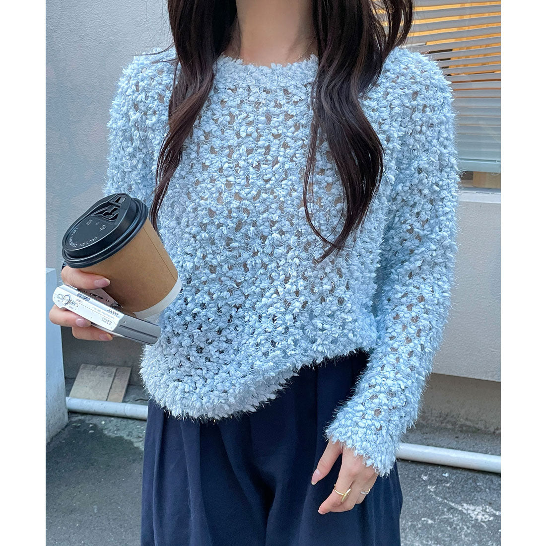 レースレディース Lace Ladies モチーフ編み クルーネック 長袖 ニット プルオーバー （グレー） グレー