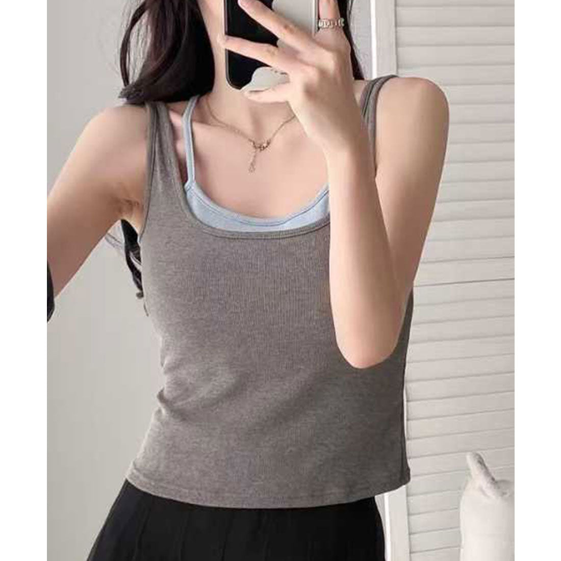 レースレディース Lace Ladies 配色 フェイク レイヤード カップ付き 薄裏起毛 タンクトップ （グレー） グレー
