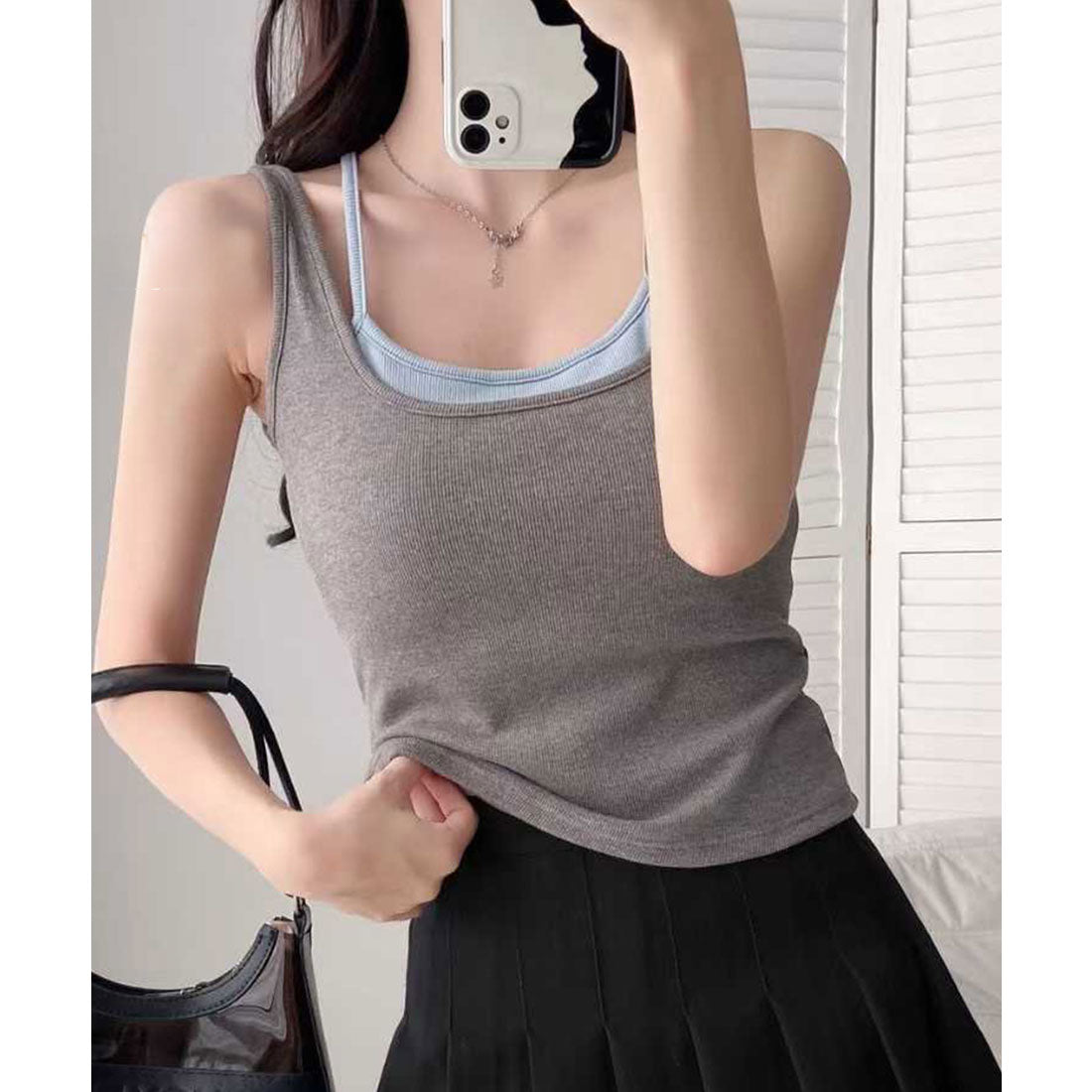 レースレディース Lace Ladies 配色 フェイク レイヤード カップ付き 薄裏起毛 タンクトップ （グレー） グレー