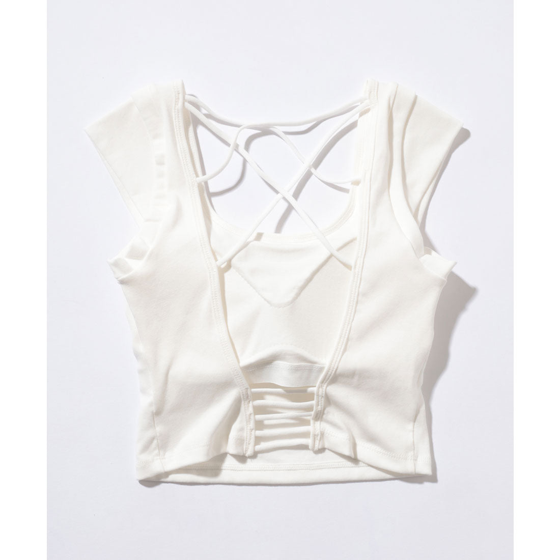 レースレディース Lace Ladies ソリッドカラー カップスリーブ バック オープン ハーフトップ （ブラック） ブラック