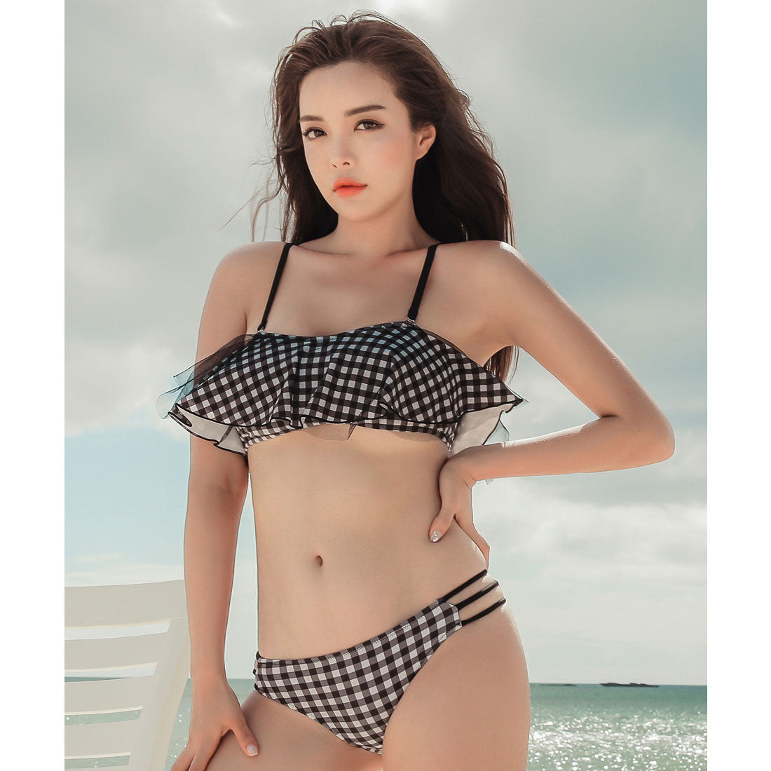 レースレディース Lace Ladies バックレースアップデザイン フレアチュールモノキニ ワンピース水着【返品不可商品】,チェック