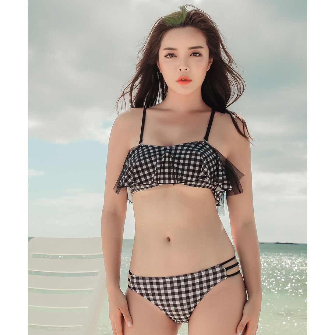 レースレディース Lace Ladies バックレースアップデザイン フレアチュールモノキニ ワンピース水着【返品不可商品】
