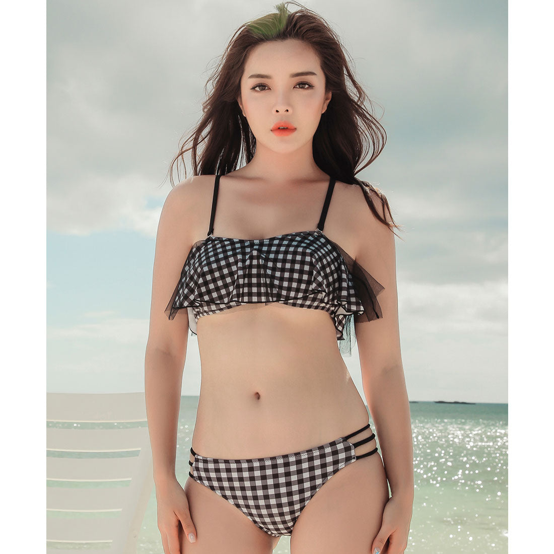 レースレディース Lace Ladies バックレースアップデザイン フレアチュールモノキニ ワンピース水着【返品不可商品】