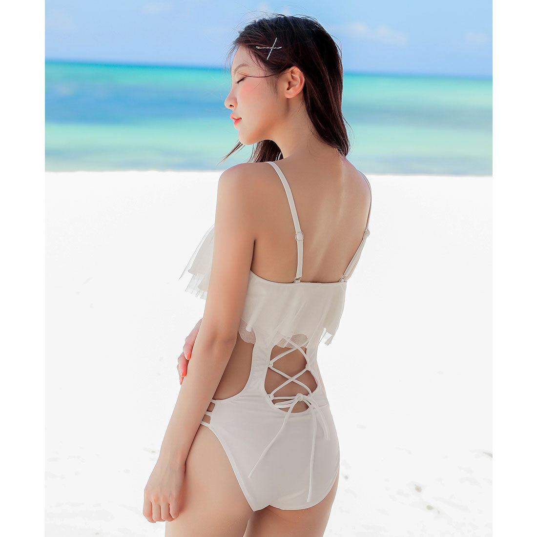 レースレディース Lace Ladies バックレースアップデザイン フレアチュールモノキニ ワンピース水着【返品不可商品】,ホワイト