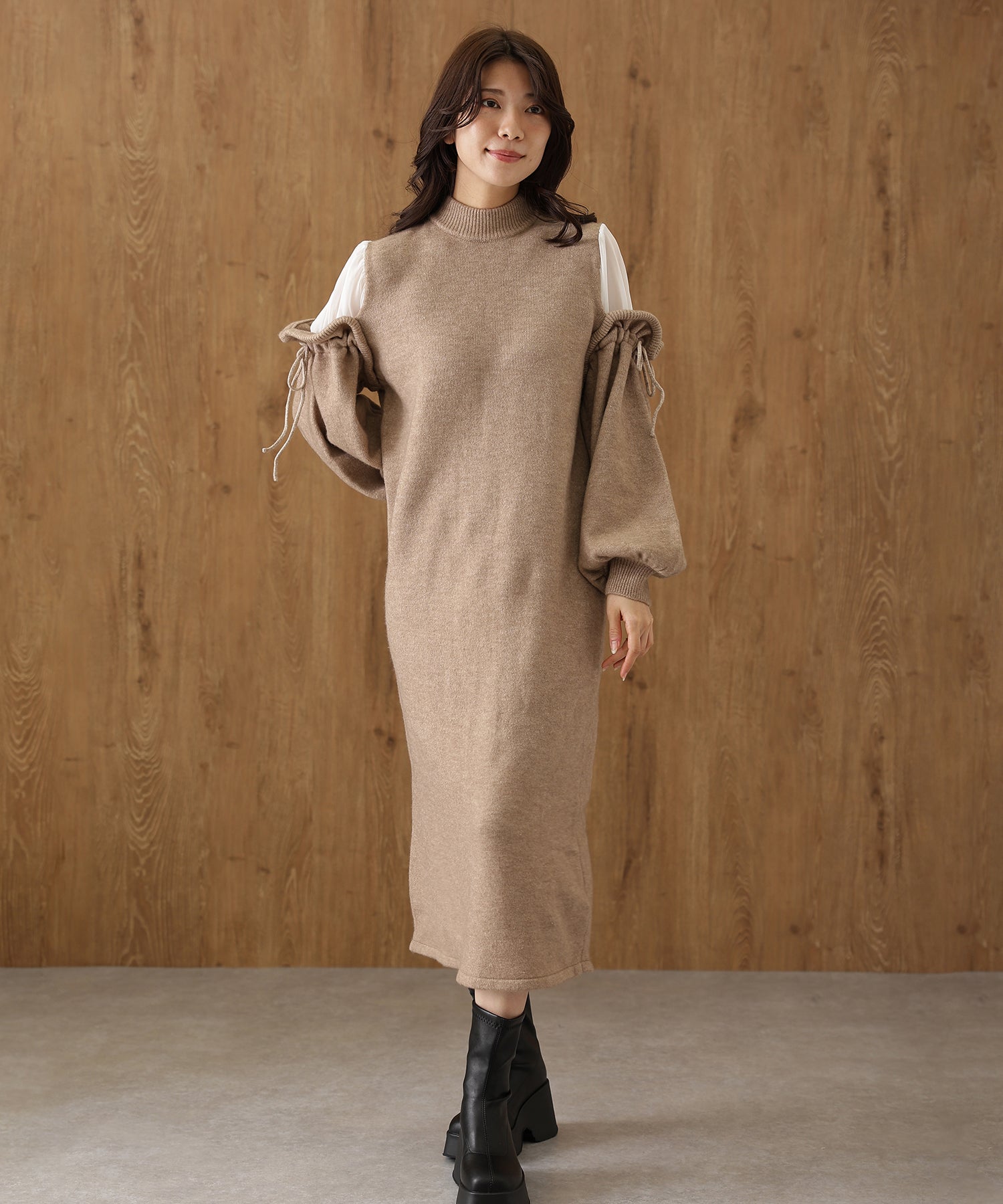 レースレディース Lace Ladies 異素材 配色 リボン ロング ニット ワンピース （モカ） モカ