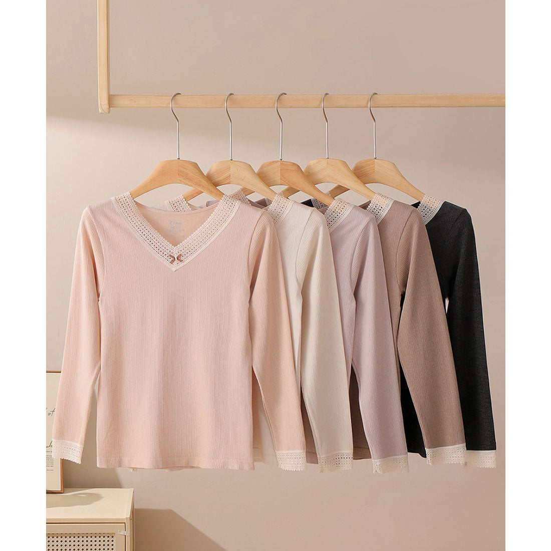 レースレディース Lace Ladies 【2点セット】Vネック レース リボン 長袖 インナー （ブラウン） ブラウン