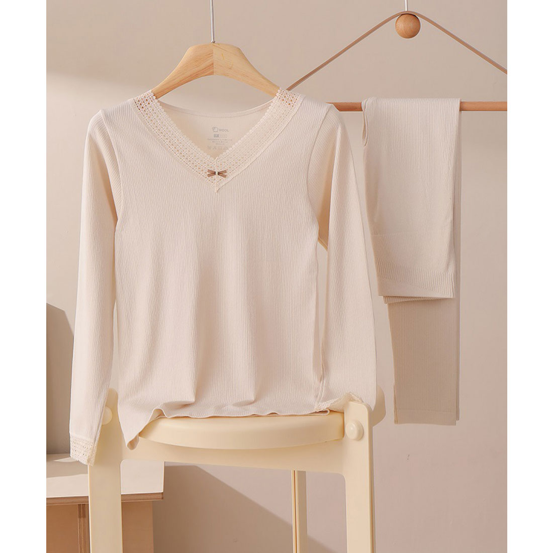 レースレディース Lace Ladies 【2点セット】Vネック レース リボン 長袖 インナー （ブラウン） ブラウン