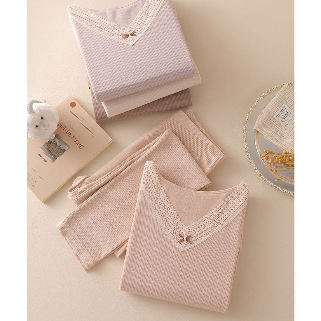 レースレディース Lace Ladies 【2点セット】Vネック レース リボン 長袖 インナー （ブラウン） ブラウン