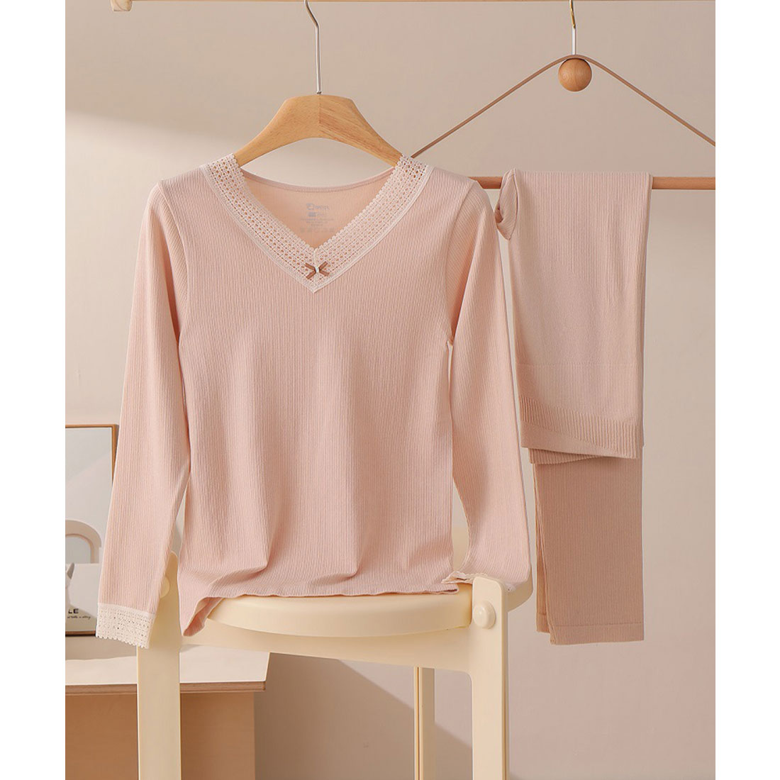 レースレディース Lace Ladies 【2点セット】Vネック レース リボン 長袖 インナー （ブラウン） ブラウン