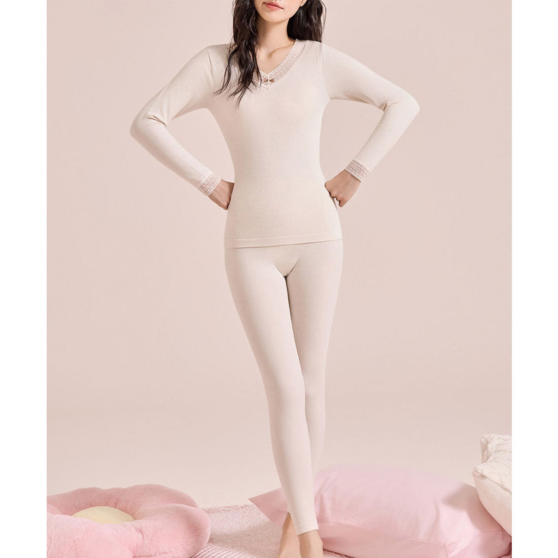 レースレディース Lace Ladies 【2点セット】Vネック レース リボン 長袖 インナー （アイボリー） アイボリー