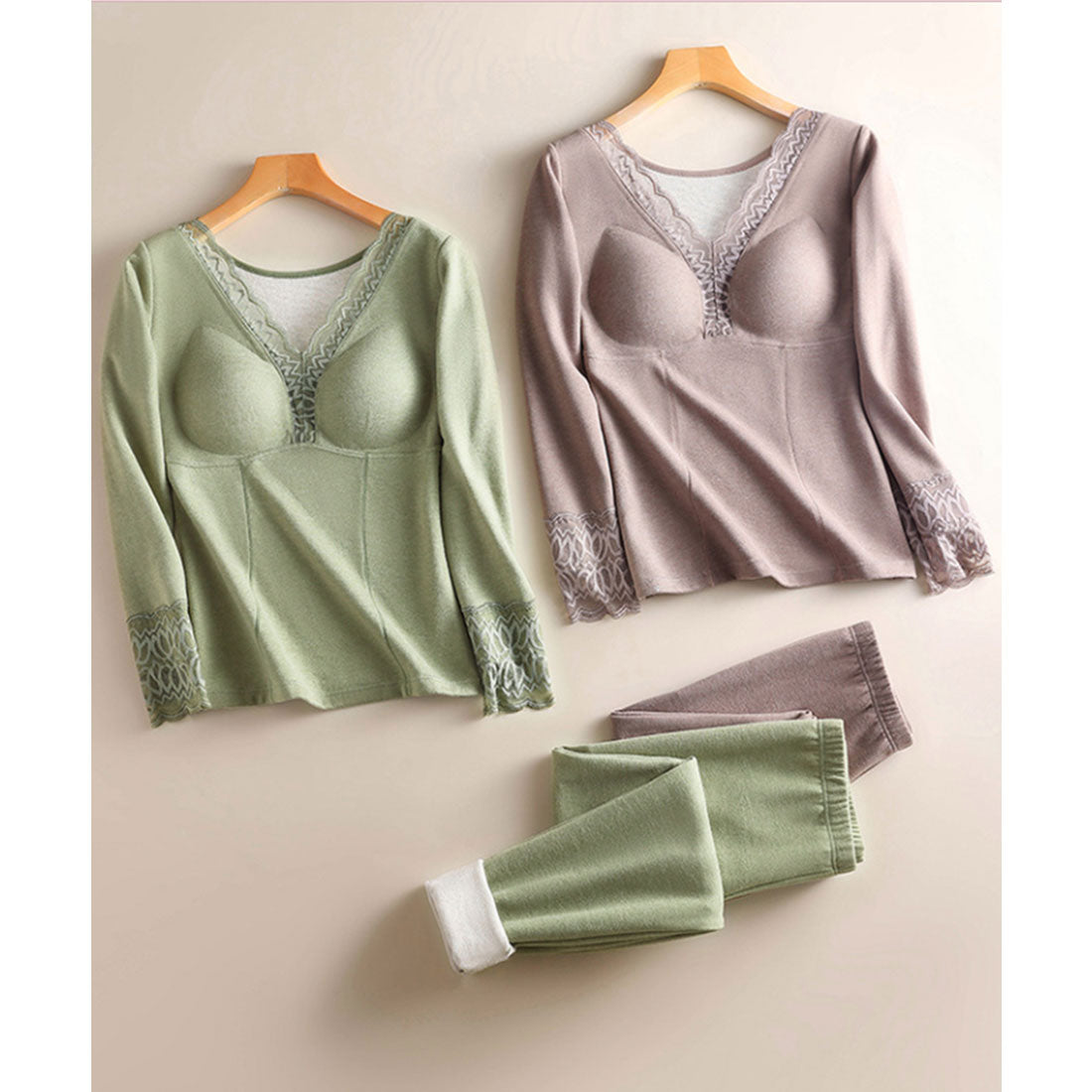 レースレディース Lace Ladies 【2点セット】裏起毛 レース ドッキング カップ付き インナー （パープル） パープル